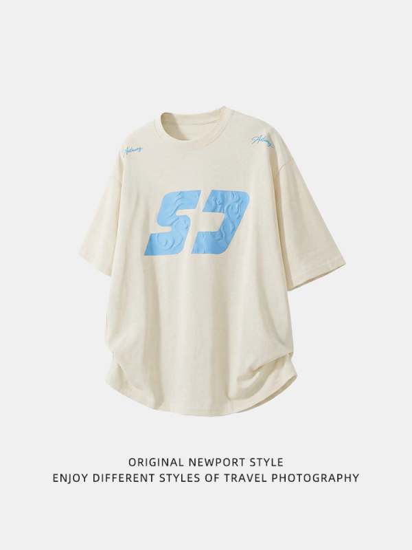Ανδρικό κοντομάνικο βαμβακερό T-shirt με print color-block, φαρδιά γραμμή, καλοκαιρινό street style