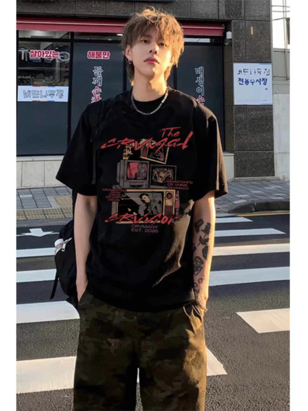 Αμερικανική ρετρό κοντομάνικη T‑shirt για άνδρες, θερινός σχεδιασμός, oversize γραμμή, streetwear στυλ