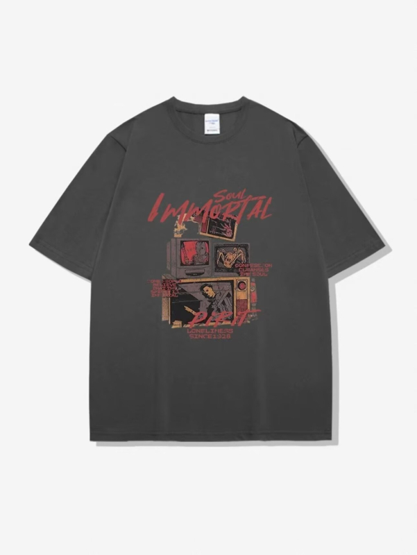 Αμερικανική ρετρό κοντομάνικη T‑shirt για άνδρες, θερινός σχεδιασμός, oversize γραμμή, streetwear στυλ