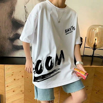 Ανδρικό T‑shirt με κοντά μανίκια σε στυλ Hong Kong, Harajuku επιρροή, χαλαρή γραμμή, εκτύπωση με γράμματα