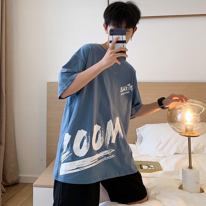 Ανδρικό T‑shirt με κοντά μανίκια σε στυλ Hong Kong, Harajuku επιρροή, χαλαρή γραμμή, εκτύπωση με γράμματα