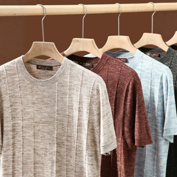 Ανδρικό κοντομάνικο T‑shirt με στρογγυλή λαιμόκοψη, ελαφρύ μείγμα ακρυλικό και λίνο, διάτρητο πλεκτό ύφασμα γάζας, μινιμαλιστικό casual στυλ