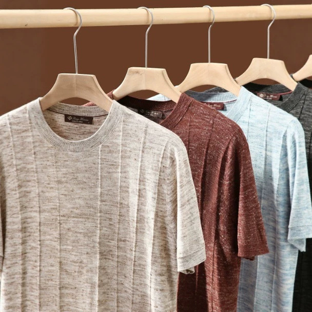 Ανδρικό κοντομάνικο T‑shirt με στρογγυλή λαιμόκοψη, ελαφρύ μείγμα ακρυλικό και λίνο, διάτρητο πλεκτό ύφασμα γάζας, μινιμαλιστικό casual στυλ
