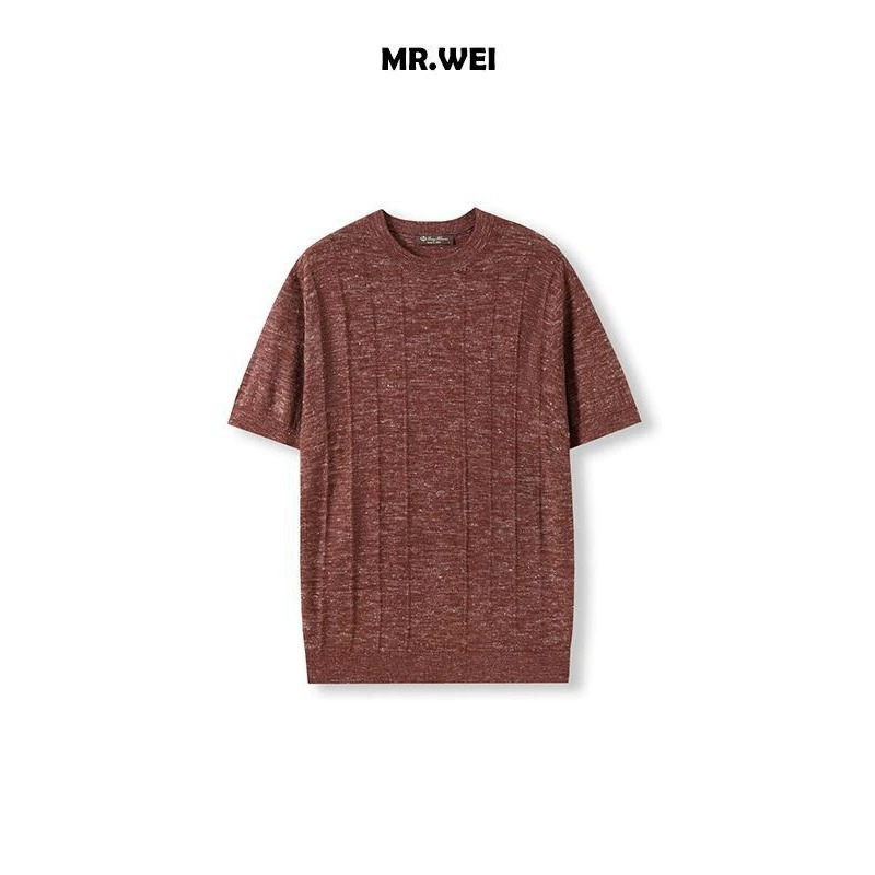 Ανδρικό κοντομάνικο T‑shirt με στρογγυλή λαιμόκοψη, ελαφρύ μείγμα ακρυλικό και λίνο, διάτρητο πλεκτό ύφασμα γάζας, μινιμαλιστικό casual στυλ