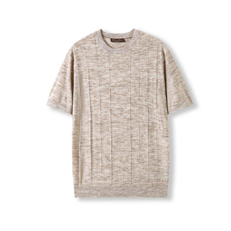 Ανδρικό κοντομάνικο T‑shirt με στρογγυλή λαιμόκοψη, ελαφρύ μείγμα ακρυλικό και λίνο, διάτρητο πλεκτό ύφασμα γάζας, μινιμαλιστικό casual στυλ