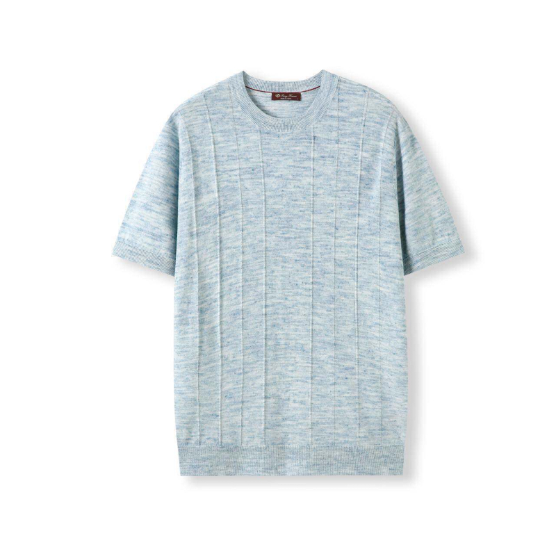 Ανδρικό κοντομάνικο T‑shirt με στρογγυλή λαιμόκοψη, ελαφρύ μείγμα ακρυλικό και λίνο, διάτρητο πλεκτό ύφασμα γάζας, μινιμαλιστικό casual στυλ