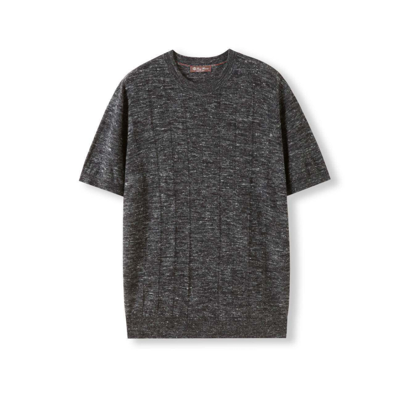 Ανδρικό κοντομάνικο T‑shirt με στρογγυλή λαιμόκοψη, ελαφρύ μείγμα ακρυλικό και λίνο, διάτρητο πλεκτό ύφασμα γάζας, μινιμαλιστικό casual στυλ