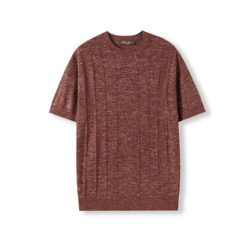 Ανδρικό κοντομάνικο T‑shirt με στρογγυλή λαιμόκοψη, ελαφρύ μείγμα ακρυλικό και λίνο, διάτρητο πλεκτό ύφασμα γάζας, μινιμαλιστικό casual στυλ