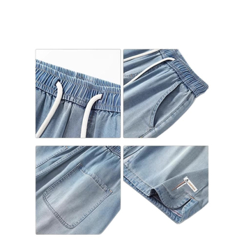 Ανδρικά σορτς Lyocell denim, καλοκαίρι ελαφρύ ύφασμα, χαλαρή ίσια εφαρμογή, μοντέλο 2026, μήκος μέχρι το μέσο μηρού.