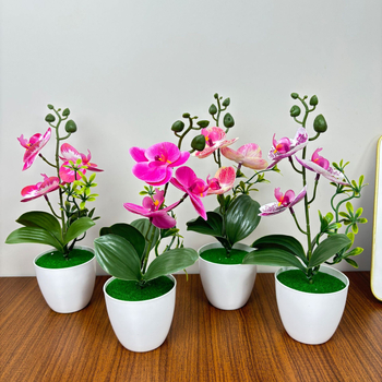 Phalaenopsis τεχνητή ορχιδέα, τρία άνθη και δύο φύλλα, σε μικρό κυκλικό γλαστράκι, διακοσμητικό για είσοδο