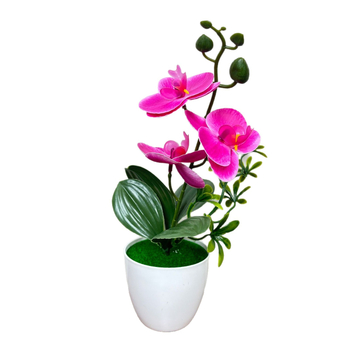 Phalaenopsis τεχνητή ορχιδέα, τρία άνθη και δύο φύλλα, σε μικρό κυκλικό γλαστράκι, διακοσμητικό για είσοδο