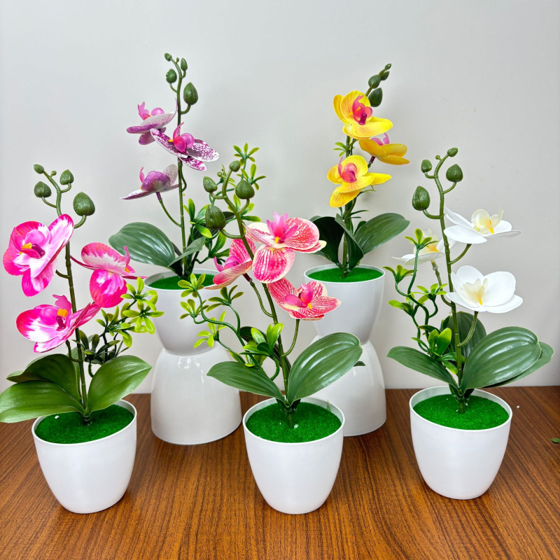 Phalaenopsis τεχνητή ορχιδέα, τρία άνθη και δύο φύλλα, σε μικρό κυκλικό γλαστράκι, διακοσμητικό για είσοδο