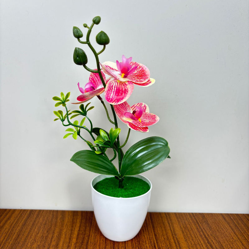 Phalaenopsis τεχνητή ορχιδέα, τρία άνθη και δύο φύλλα, σε μικρό κυκλικό γλαστράκι, διακοσμητικό για είσοδο
