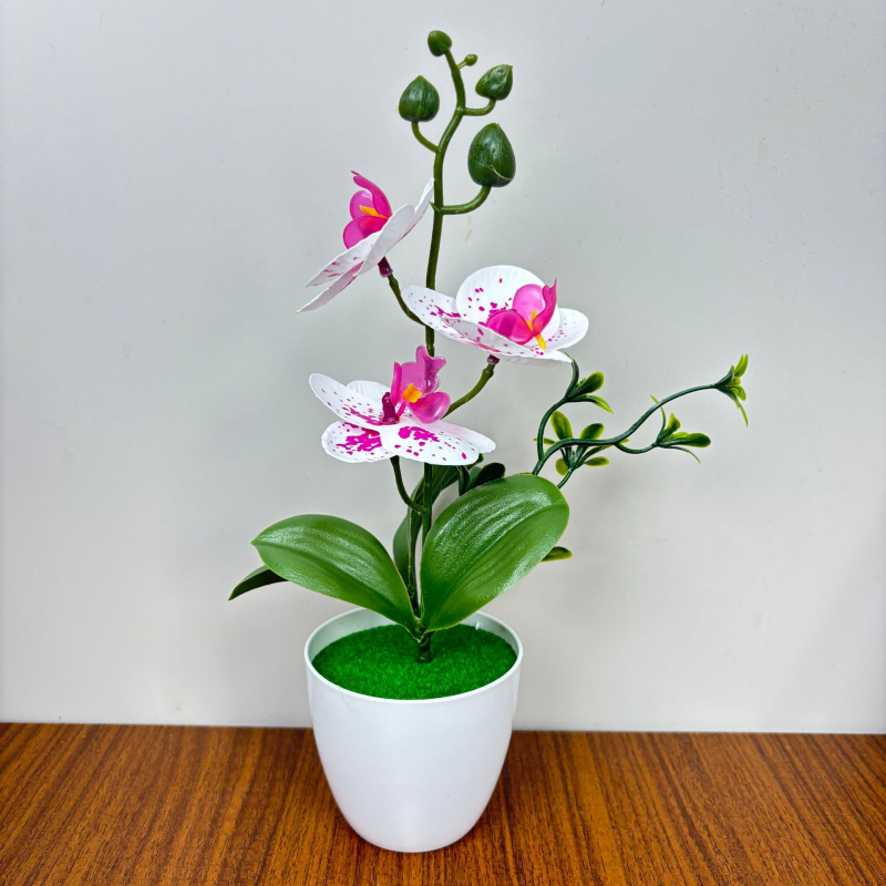 Phalaenopsis τεχνητή ορχιδέα, τρία άνθη και δύο φύλλα, σε μικρό κυκλικό γλαστράκι, διακοσμητικό για είσοδο