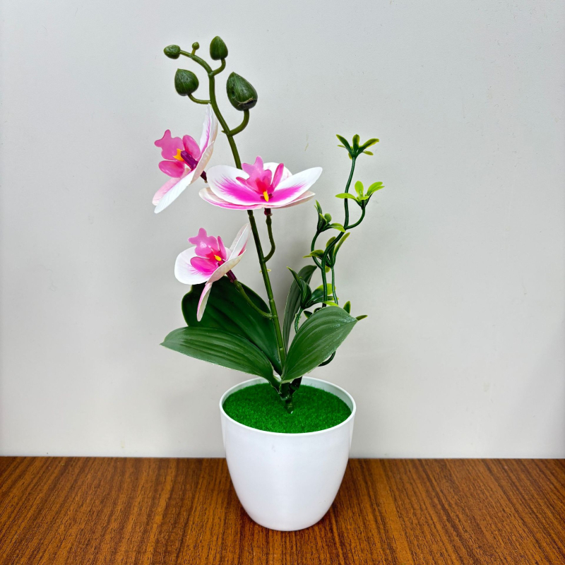 Phalaenopsis τεχνητή ορχιδέα, τρία άνθη και δύο φύλλα, σε μικρό κυκλικό γλαστράκι, διακοσμητικό για είσοδο