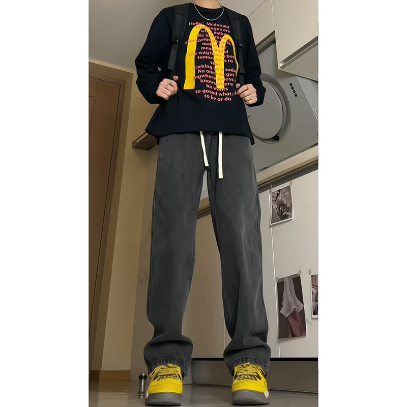 Cleanfit Ανδρικά μαύρα τζιν με κορδόνι μέσης και ελαστική ζώνη, αμερικανικό vibe, ίσια γραμμή