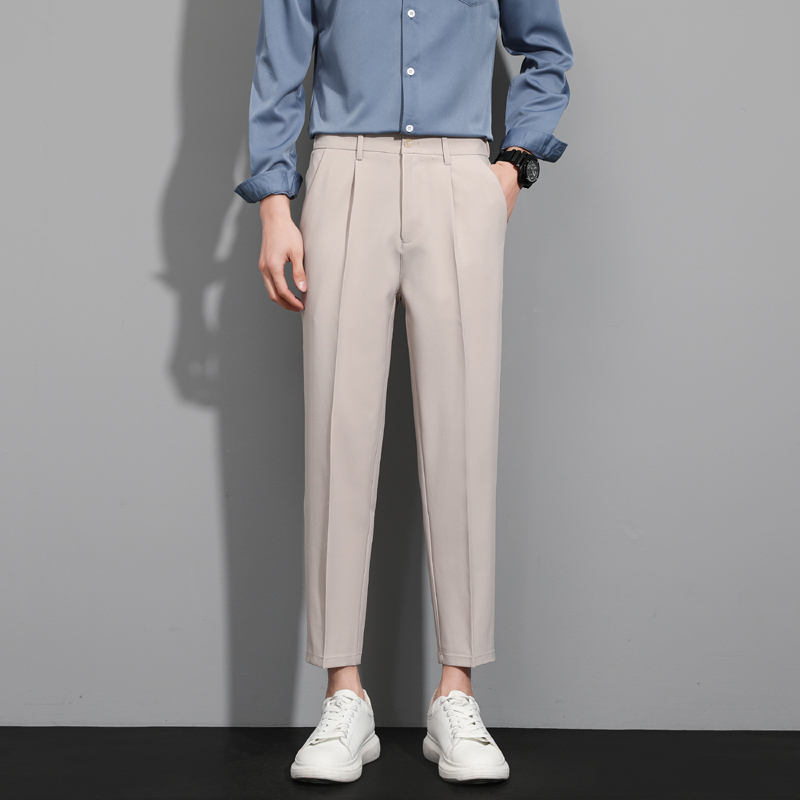 Ανδρικά παντελόνια με ίσια γραμμή, slim fit, ανθεκτικά στις ζάρες, καλοκαιρινά, cropped μήκος, casual παντελόνια τύπου κοστουμί