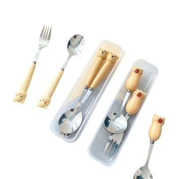 Set tacâmuri pentru copii: lingură și furculiță cu ursuleț desene animate, din oțel inox 410, mâner imitație de porțelan, în cutie, portabil