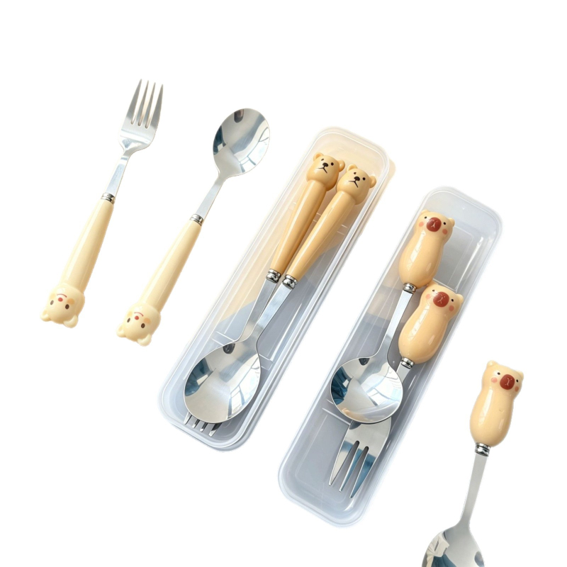 Set tacâmuri pentru copii: lingură și furculiță cu ursuleț desene animate, din oțel inox 410, mâner imitație de porțelan, în cutie, portabil