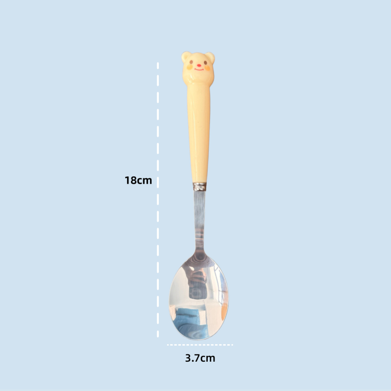 Set tacâmuri pentru copii: lingură și furculiță cu ursuleț desene animate, din oțel inox 410, mâner imitație de porțelan, în cutie, portabil