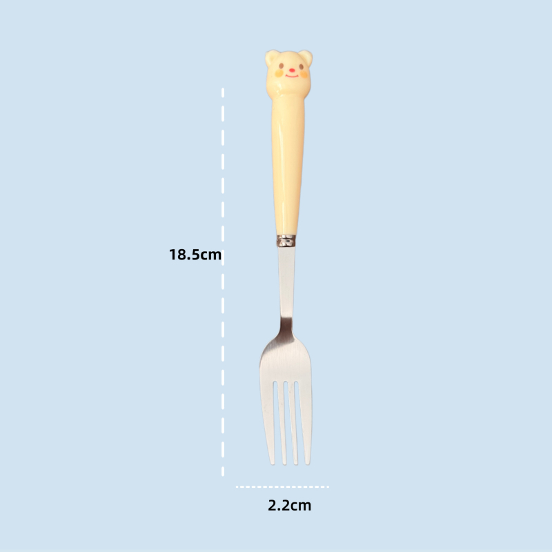 Set tacâmuri pentru copii: lingură și furculiță cu ursuleț desene animate, din oțel inox 410, mâner imitație de porțelan, în cutie, portabil