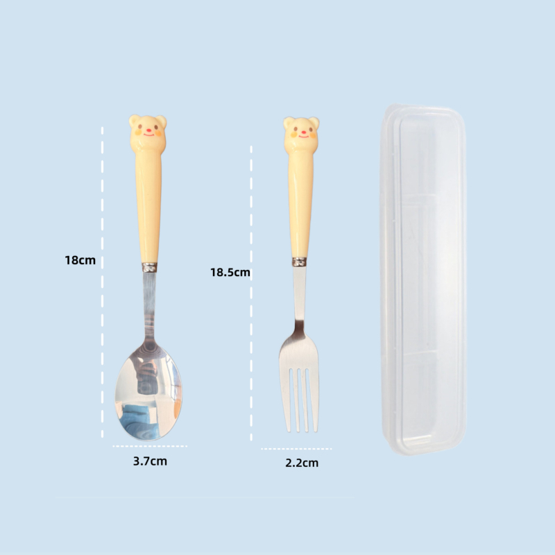 Set tacâmuri pentru copii: lingură și furculiță cu ursuleț desene animate, din oțel inox 410, mâner imitație de porțelan, în cutie, portabil