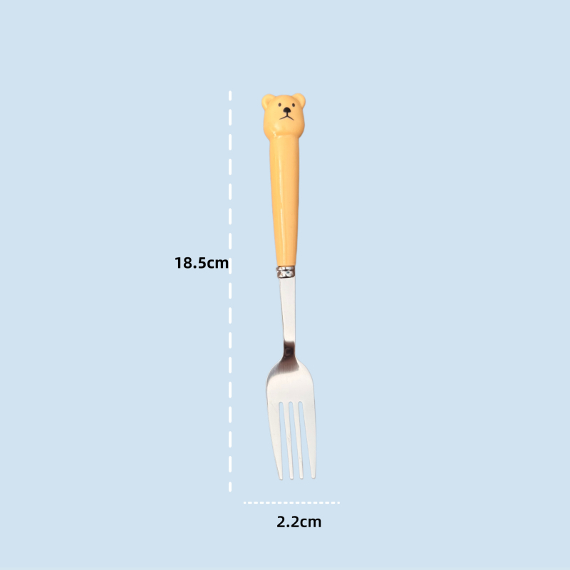Set tacâmuri pentru copii: lingură și furculiță cu ursuleț desene animate, din oțel inox 410, mâner imitație de porțelan, în cutie, portabil