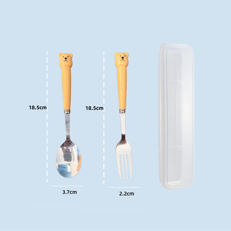 Set tacâmuri pentru copii: lingură și furculiță cu ursuleț desene animate, din oțel inox 410, mâner imitație de porțelan, în cutie, portabil