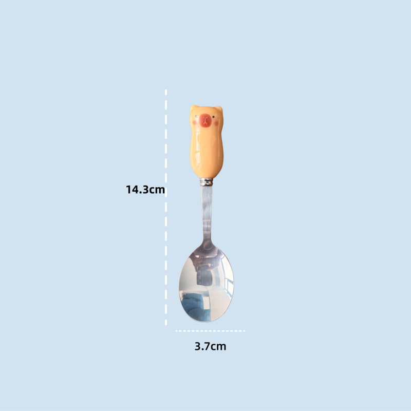 Set tacâmuri pentru copii: lingură și furculiță cu ursuleț desene animate, din oțel inox 410, mâner imitație de porțelan, în cutie, portabil