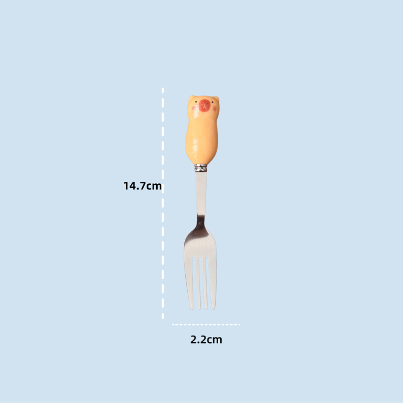 Set tacâmuri pentru copii: lingură și furculiță cu ursuleț desene animate, din oțel inox 410, mâner imitație de porțelan, în cutie, portabil