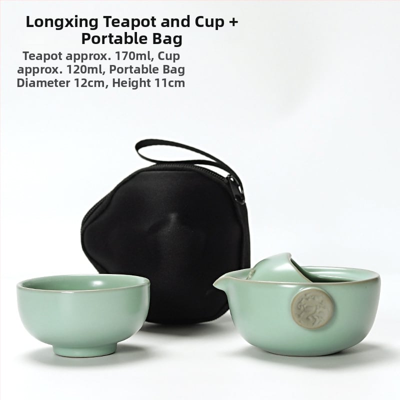 Hordozható egy személyes teáskészlet: teáskanna és teáscsésze Ru kiln porcelánból, utazáshoz – elegáns ajándékcsomag.