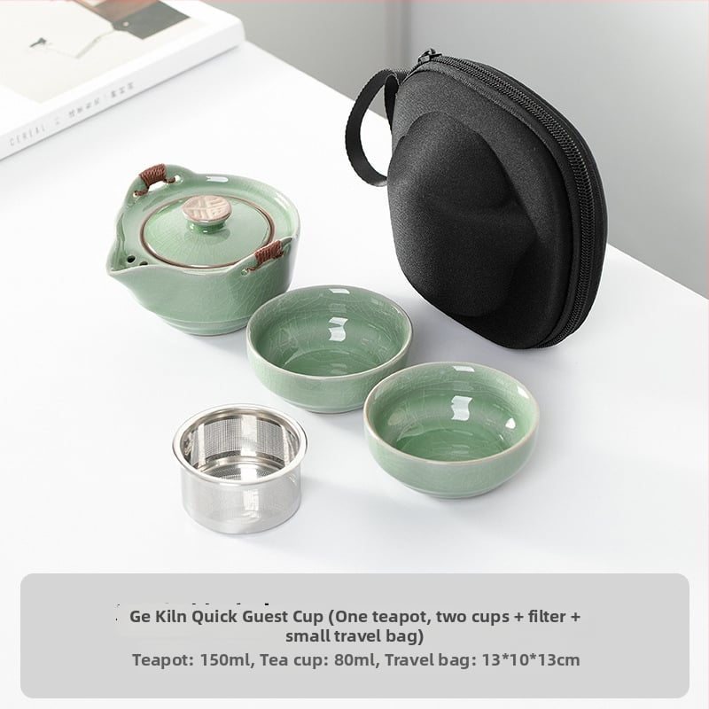 Hordozható egy személyes teáskészlet: teáskanna és teáscsésze Ru kiln porcelánból, utazáshoz – elegáns ajándékcsomag.