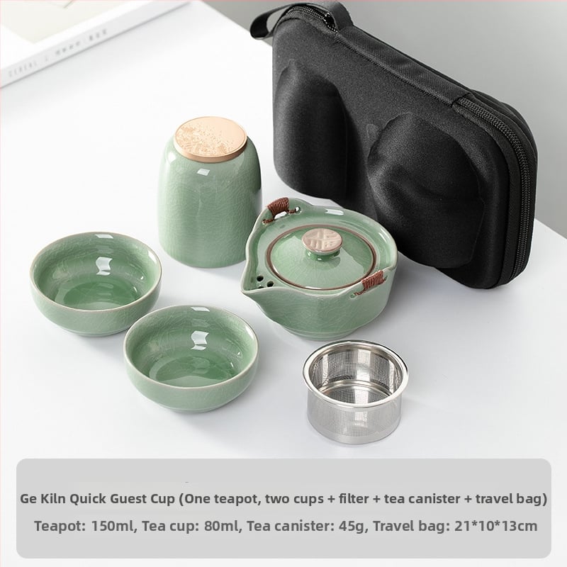 Hordozható egy személyes teáskészlet: teáskanna és teáscsésze Ru kiln porcelánból, utazáshoz – elegáns ajándékcsomag.