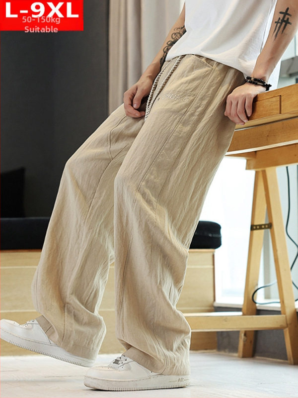 Καλοκαιρινά ανδρικά παντελόνια από λινό σε στυλ Χονγκ Κονγκ, χαλαρή φαρδιά γραμμή, ευρύ πόδι, plus size, καθημερινά αθλητικά παντελόνια