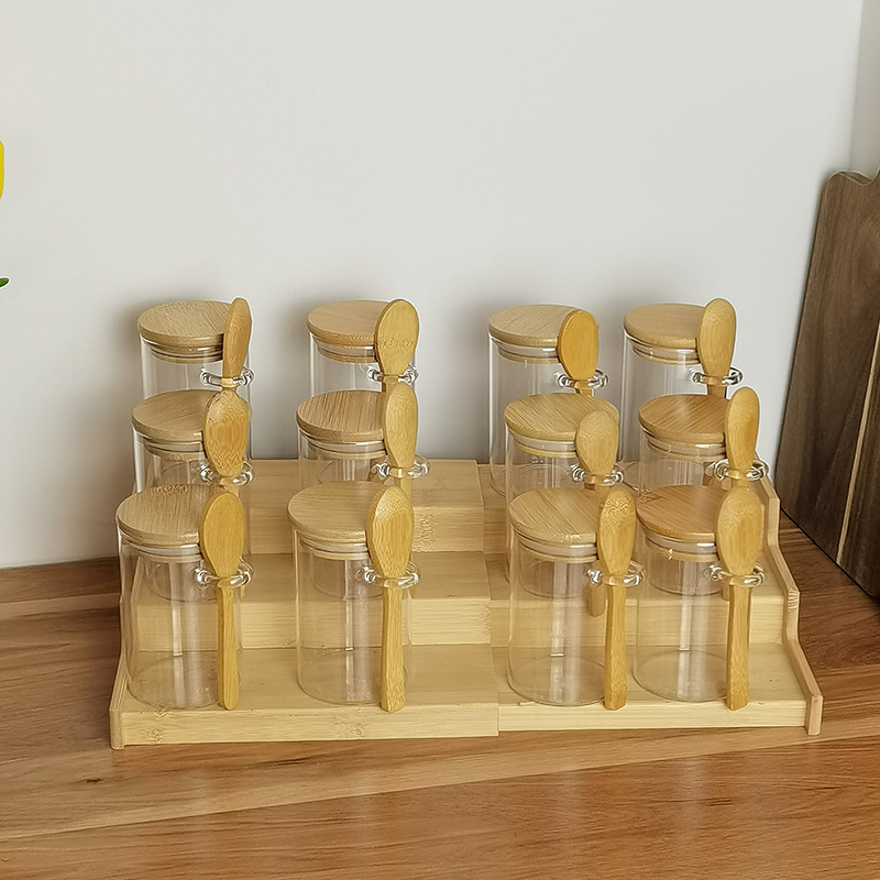Stakleni set posuda za začine sa kašikama i trostupanjskim regalom za začine, 12 komada