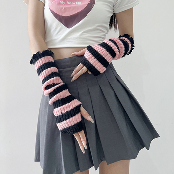 Γυναικείες Harajuku‑inspired cosplay βραχίονες, ριγέ πλεκτές, χωρίς δάχτυλα