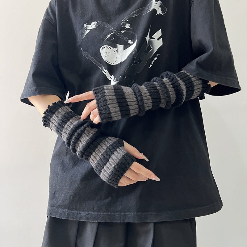 Γυναικείες Harajuku‑inspired cosplay βραχίονες, ριγέ πλεκτές, χωρίς δάχτυλα