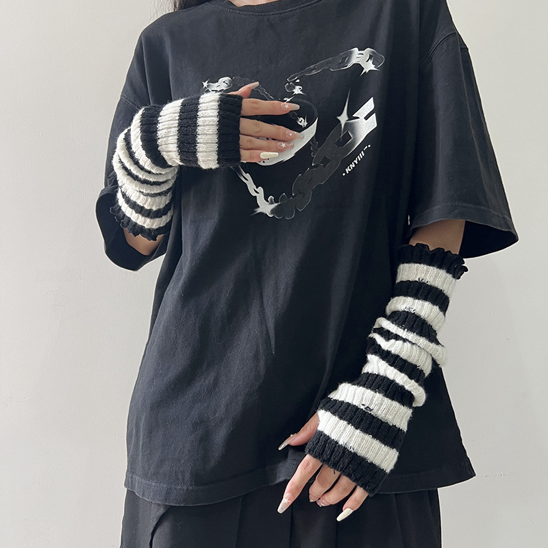 Γυναικείες Harajuku‑inspired cosplay βραχίονες, ριγέ πλεκτές, χωρίς δάχτυλα