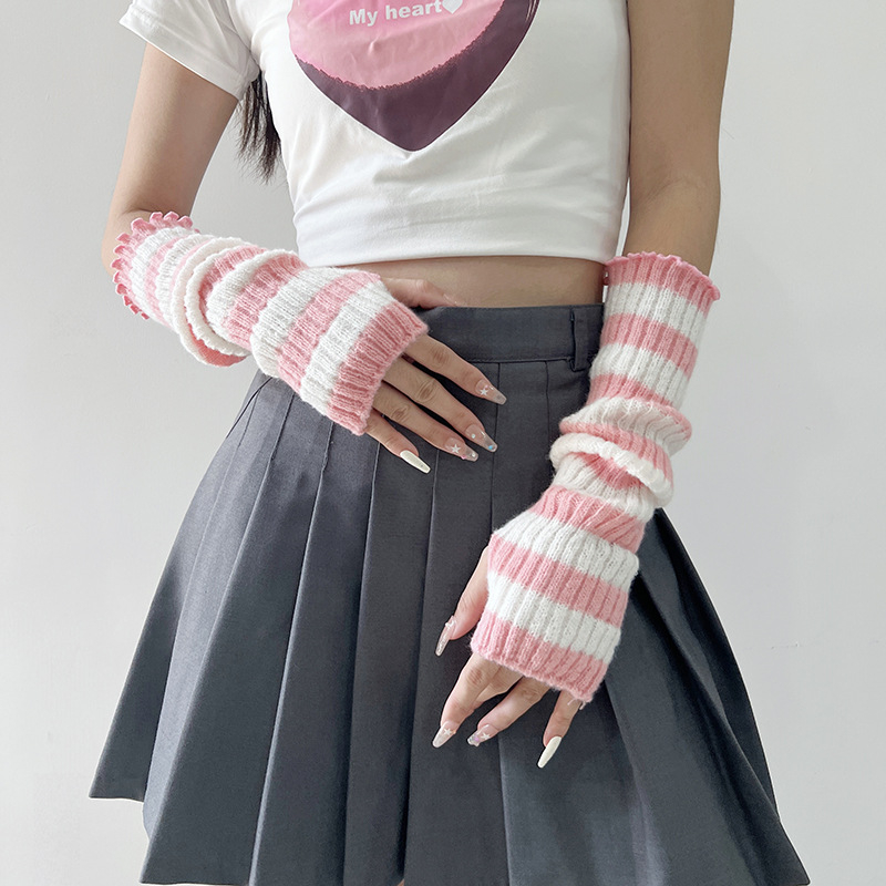 Γυναικείες Harajuku‑inspired cosplay βραχίονες, ριγέ πλεκτές, χωρίς δάχτυλα