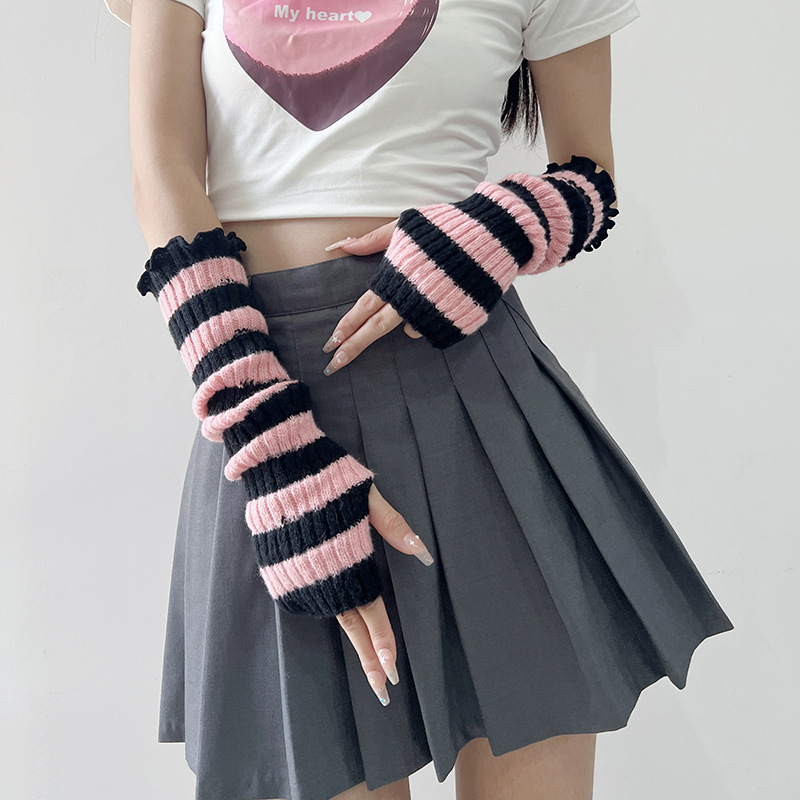 Γυναικείες Harajuku‑inspired cosplay βραχίονες, ριγέ πλεκτές, χωρίς δάχτυλα