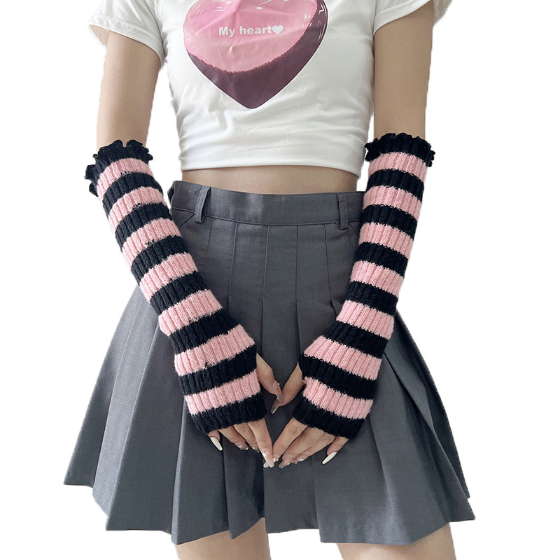 Γυναικείες Harajuku‑inspired cosplay βραχίονες, ριγέ πλεκτές, χωρίς δάχτυλα