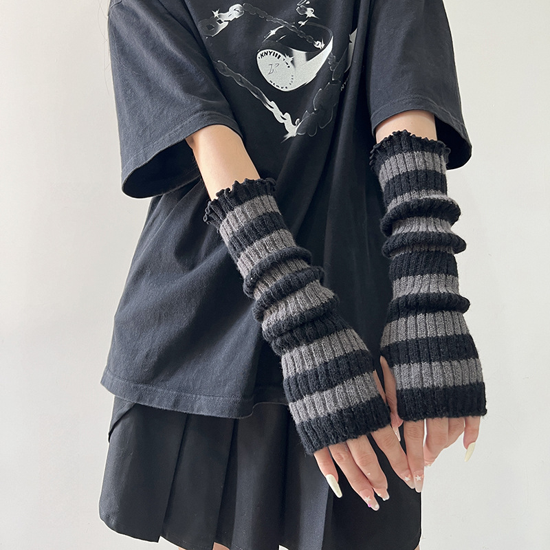 Γυναικείες Harajuku‑inspired cosplay βραχίονες, ριγέ πλεκτές, χωρίς δάχτυλα