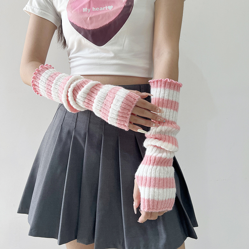 Γυναικείες Harajuku‑inspired cosplay βραχίονες, ριγέ πλεκτές, χωρίς δάχτυλα