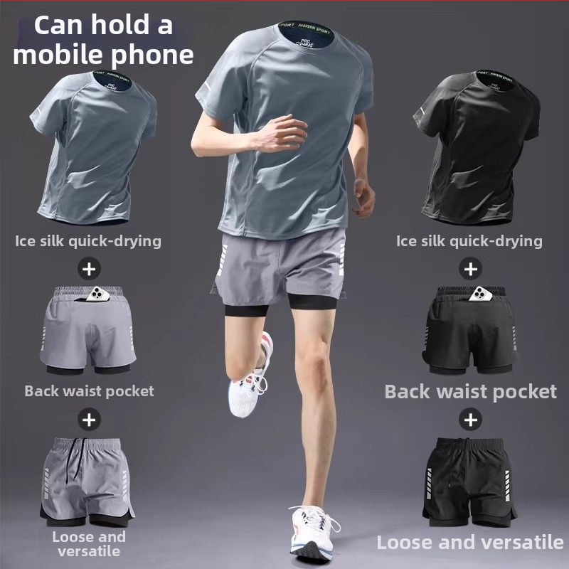 Set de alergare pentru bărbați, uscare rapidă — tricou cu mânecă scurtă și pantaloni scurți, echipament de vară