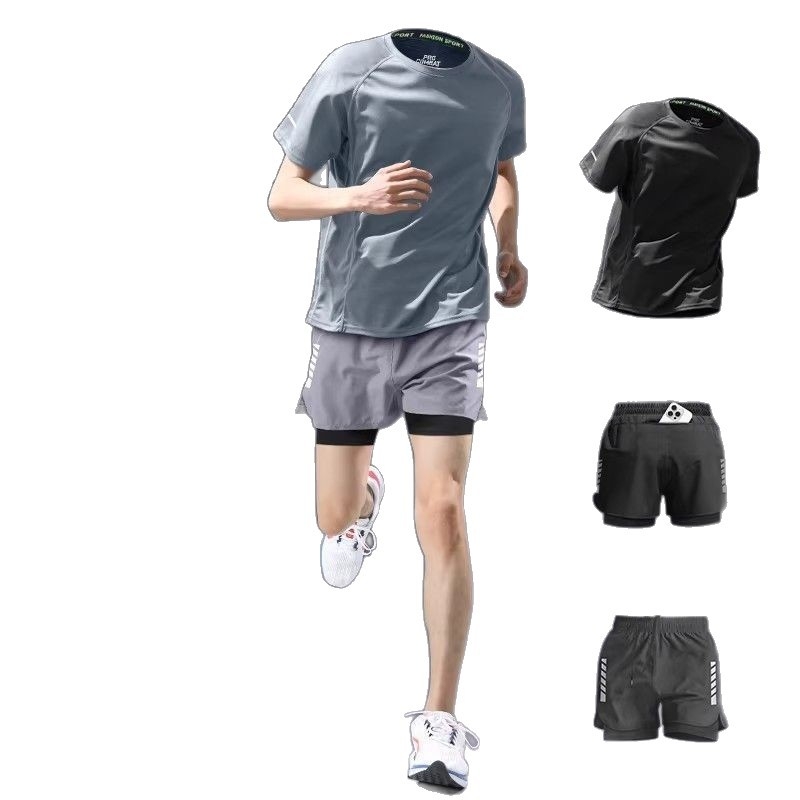 Set de alergare pentru bărbați, uscare rapidă — tricou cu mânecă scurtă și pantaloni scurți, echipament de vară
