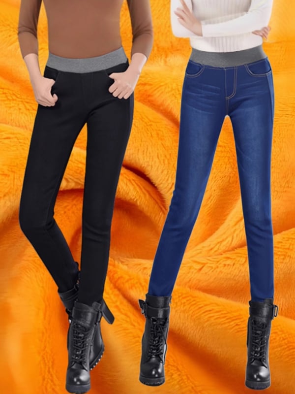 Γυναικείοι τζίν με επένδυση fleece για χειμερινή ζέστα, εφαρμοστή γραμμή, ελαστική μέση, στενά παντελόνια τύπου pencil