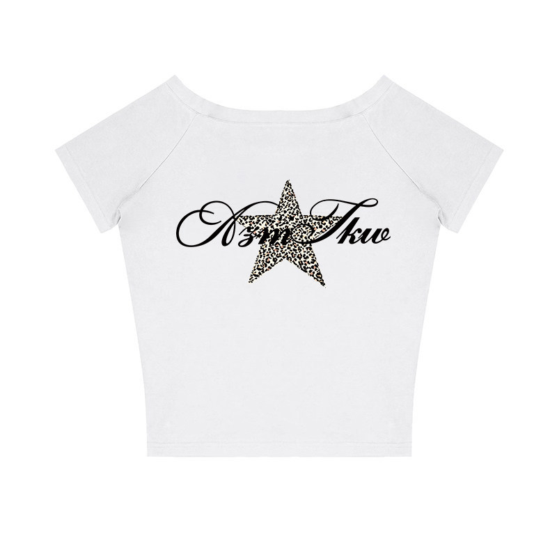 Γυναικεία T-shirt με έναν ώμο, κοντομάνικο, λεοπάρδαση και αστέρια στο σχέδιο, αμερικανικό στυλ, χαλαρή γραμμή
