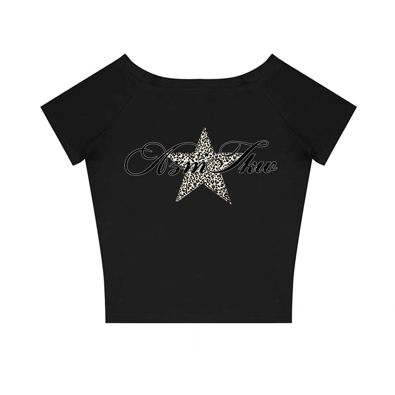 Γυναικεία T-shirt με έναν ώμο, κοντομάνικο, λεοπάρδαση και αστέρια στο σχέδιο, αμερικανικό στυλ, χαλαρή γραμμή