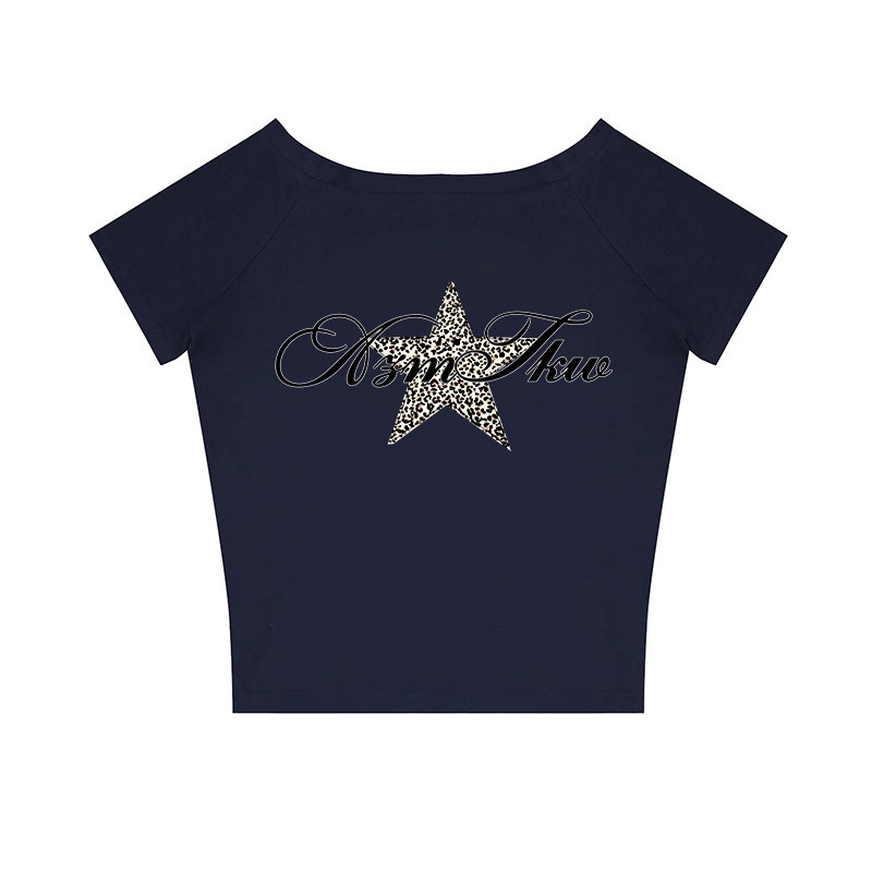 Γυναικεία T-shirt με έναν ώμο, κοντομάνικο, λεοπάρδαση και αστέρια στο σχέδιο, αμερικανικό στυλ, χαλαρή γραμμή