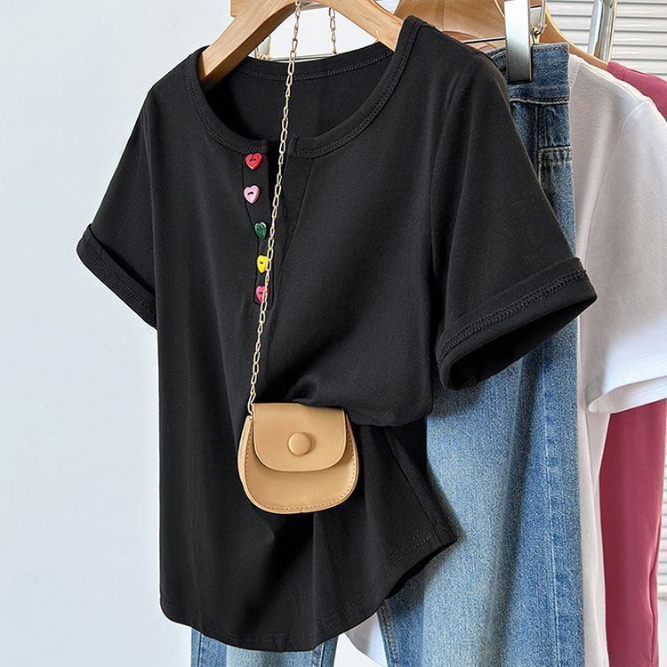 Γυναικεία μπλούζα T-shirt με μέγεθος Plus, V-λαιμό, κουμπιά, κοντό μανίκι, καλοκαίρι 2026, χαλαρή εφαρμογή, καθημερινό τοπ που καλύπτει την κοιλιά